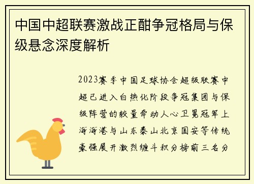 中国中超联赛激战正酣争冠格局与保级悬念深度解析