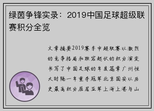 绿茵争锋实录：2019中国足球超级联赛积分全览